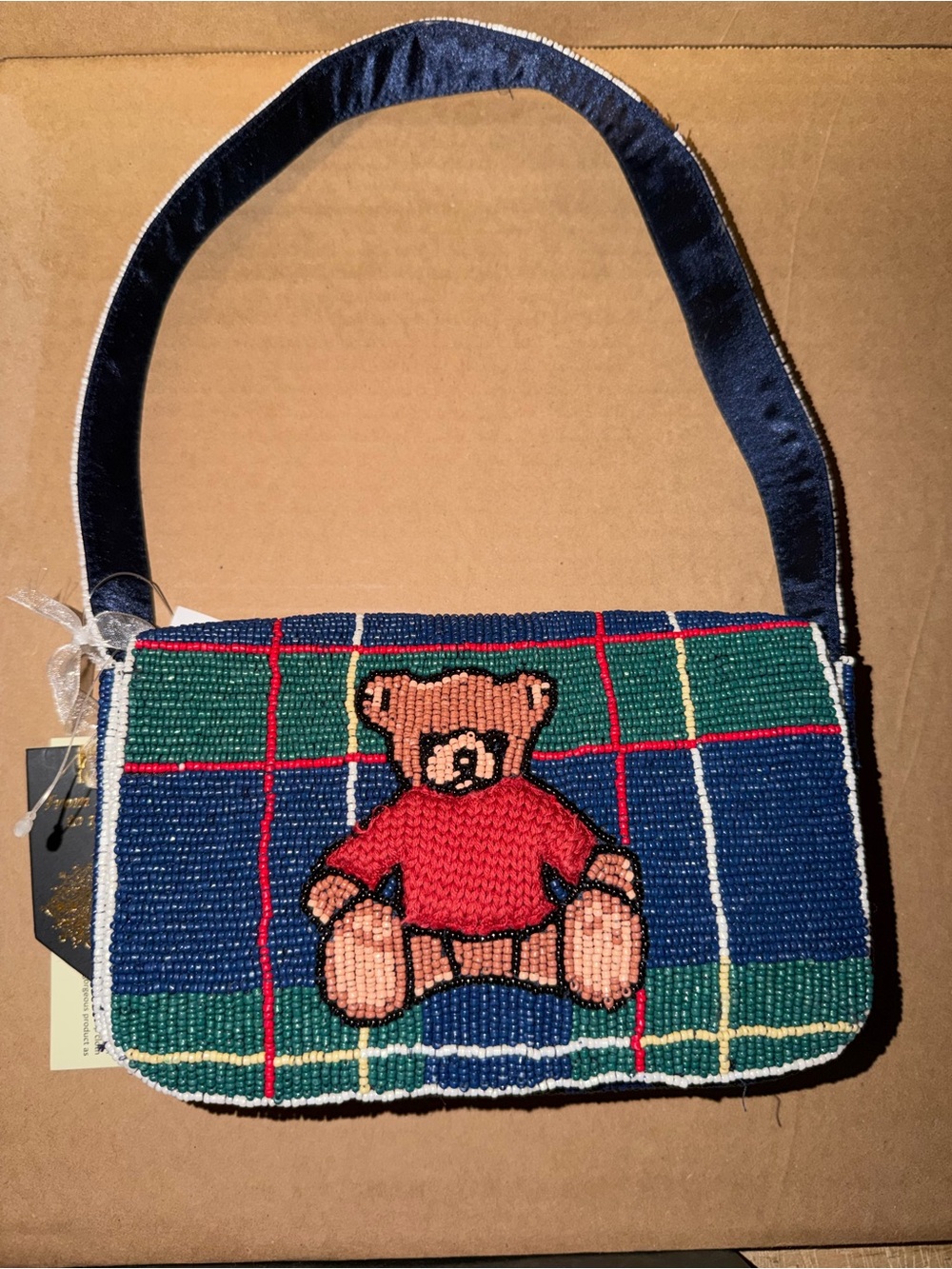 plaid preppy Teddy Bear Beaded bag - viral beaded winter bag